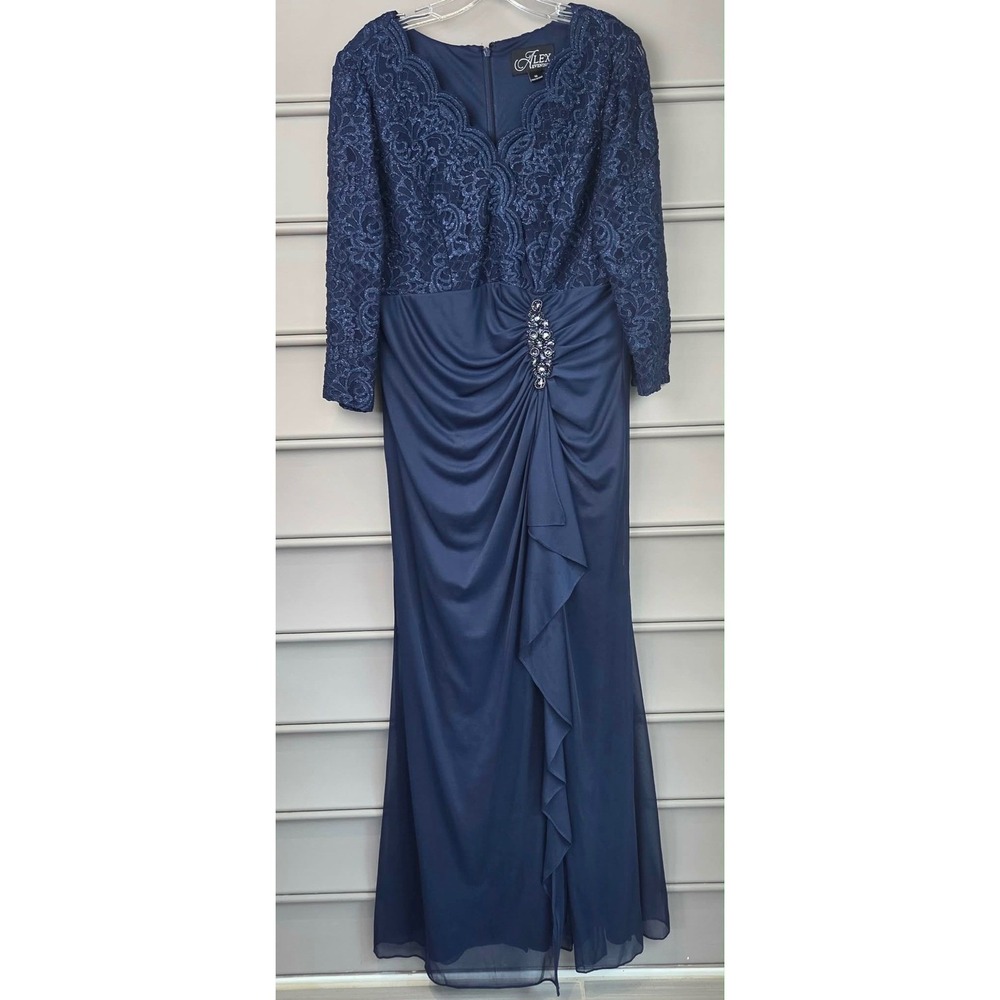 Alex Evenings Navy Blue Lace 3/4 Illusion Sleeve A-line Formal Gown Dress 16